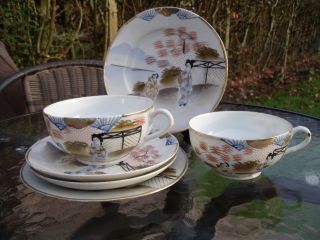 Japanese Kutani Porcelain Two Cups & Saucers,  Side Plates C1920s Geisha Girls