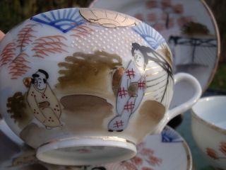 Japanese Kutani Porcelain Two Cups & Saucers,  Side Plates c1920s Geisha Girls 3