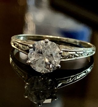 Antique Art Deco 14K White Gold 1.  30 CT Round Diamond Engagement Ring I2,  H - I 2