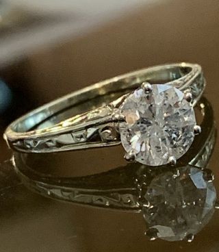 Antique Art Deco 14K White Gold 1.  30 CT Round Diamond Engagement Ring I2,  H - I 3