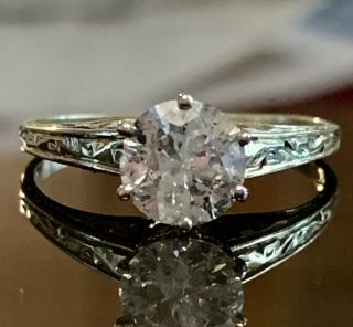 Antique Art Deco 14K White Gold 1.  30 CT Round Diamond Engagement Ring I2,  H - I 4