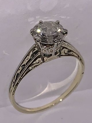 Antique Art Deco 14K White Gold 1.  30 CT Round Diamond Engagement Ring I2,  H - I 6