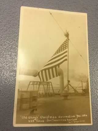 Vintage 1920 Real Photo Postcard Old Glory Flag On Uss Texas Battleship Rppc
