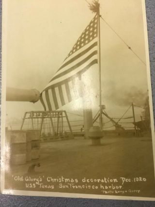 Vintage 1920 Real Photo Postcard Old Glory Flag on USS Texas Battleship RPPC 2