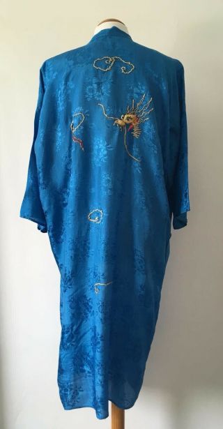 Vintage Silk Hand Embroidered Yukata Kimono Blue Gown Robe