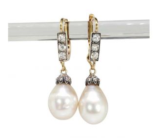 Antique Victorian Natural Saltwater Pearl Old Mine Cut Diamond Drop Earrings