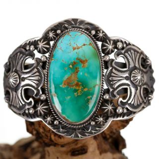 Navajo Turquoise Bracelet Sterling Silver " Pueblo Cross " Gem Royston H.  Piasso