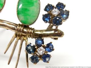 Natural Jadeite Jade Fine Sapphire Diamond Ruby 14k Gold Pin Love Birds Art Deco 3