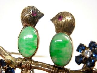 Natural Jadeite Jade Fine Sapphire Diamond Ruby 14k Gold Pin Love Birds Art Deco 4