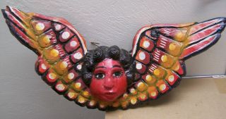 Large Painted Wooden Cherub Head With Wings,  Wood Angel - Guerrero,  Mexico