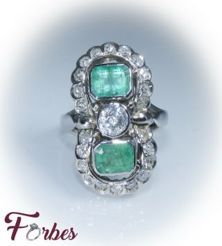 Vintage 2.  20 Carat Natural Emerald And Diamond Saddle Ring 18k White Gold 5.  7 Gm