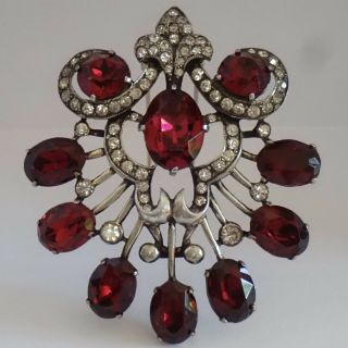 Vintage Eisenberg Sterling Silver Ruby Red Crystal Rhinestone Pin Clip Brooch