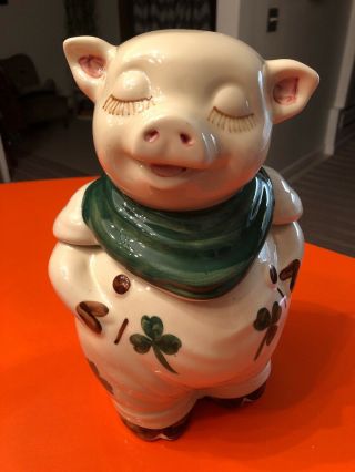 Vintage Shawnee Pottery Smiley Pig Cookie Jar Green Shamrocks,  12 Inches Tall