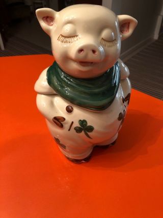 Vintage Shawnee Pottery Smiley PIG Cookie Jar Green Shamrocks,  12 inches tall 5