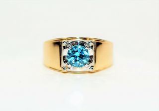 Vivid Two - Toned 1.  52ct Blue Zircon 14kt Yellow & White Gold Mens Solitaire Ring