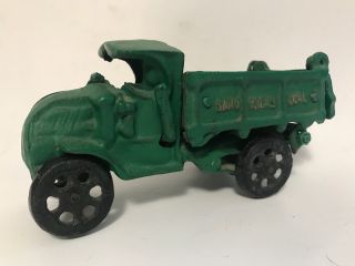 Cast Iron Mack Dump Truck Sand Rocks Coal Heavy Metal Green Paint Toy Vtg 1930s