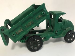 Cast Iron Mack Dump Truck Sand Rocks Coal Heavy Metal Green Paint Toy VTG 1930s 5
