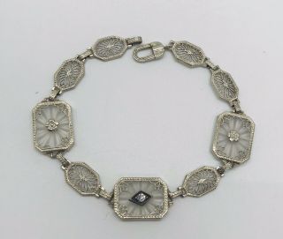 Vintage Art Deco 10k White Gold Camphor Glass Diamond Filigree Bracelet 7 - 7 1/4