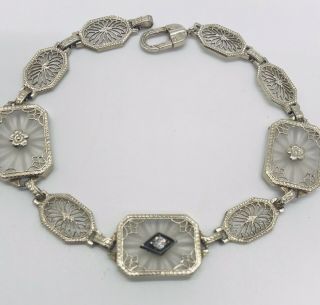 Vintage Art Deco 10K White Gold Camphor Glass Diamond Filigree Bracelet 7 - 7 1/4 2