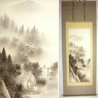 Japanese Kakejiku Hanging Scroll / Landscape Painting In Sumi Ink By Kaho 148