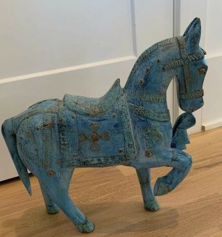 Heavy Wooden Hand Canved Distressed Blie Horse Bali Heavy 15 Inches