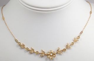 Pretty Antique Edwardian Victorian 15k Gold Seed Pearl Floral Flowers Necklace