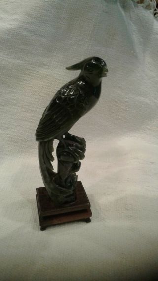 Antique Carved Bird Statue Green Jade (?) 6 Inches With Stand