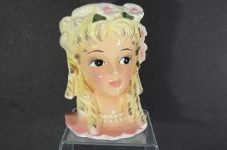 Vintage Ceramic Porcelain Lady Head Vase Planter,  Blonde Curls Flowers In Hear