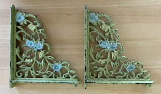 2 ANTIQUE CAST IRON 7” DECORATIVE FLORAL SHELF BRACKETS GREAT VINTAGE LOOK 2