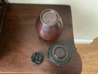 18thc Chinese flambé jar with hardwood stand and carved cover. 4