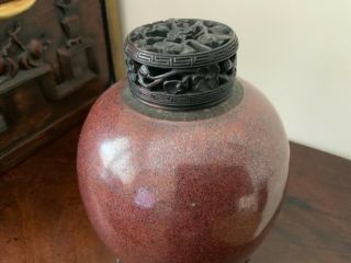 18thc Chinese flambé jar with hardwood stand and carved cover. 6
