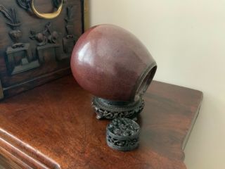 18thc Chinese flambé jar with hardwood stand and carved cover. 9
