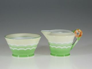 Moimura Bros.  Art Deco Green Floral Handled Cream And Sugar Set,  Japan C.  1929