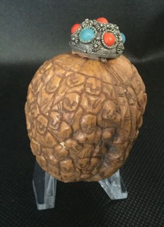 Carved Walnut Shell Chinese Snuff Bottle Stone Set Cap
