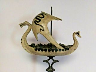 Antique Old Colony Iron Viking Ship Ashtray Pedestal Serpent Long - ship 3