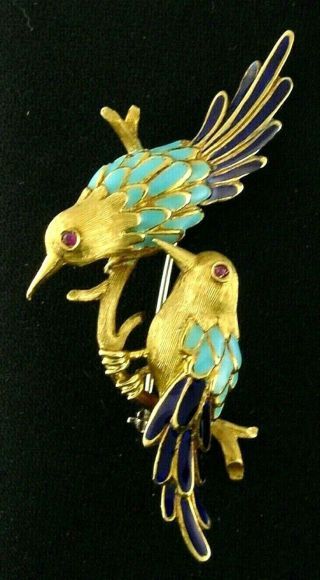 Vintage 18k Gold & Enamel Bird Pin / Brooch - Gorgeous Birds - Ruby Eyes - Wow