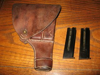 Swedish Brown Leather M/07 Pistol Holster And 2 Mags Magazines 9mm.  380 M/1907