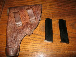 Swedish brown leather m/07 pistol holster and 2 mags magazines 9mm.  380 m/1907 2