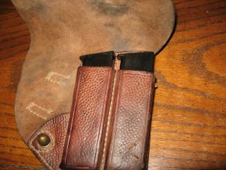 Swedish brown leather m/07 pistol holster and 2 mags magazines 9mm.  380 m/1907 7