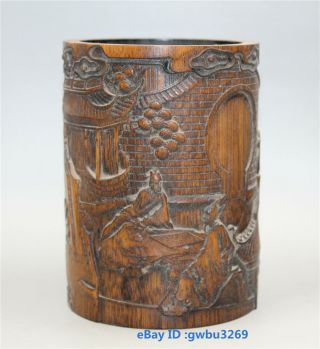 Chinese Bamboo Pen Holder Hand Carved Old Man Playing Chess Brush Pot