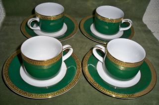 Gold Buffet Royal Gallery 1991 Set Of 4 Demitasse Cups/saucers Green W/gold Band