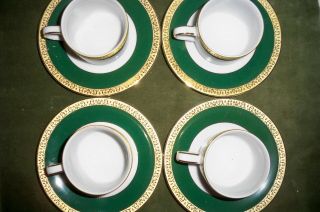 Gold Buffet Royal Gallery 1991 Set of 4 Demitasse Cups/Saucers Green w/Gold Band 3