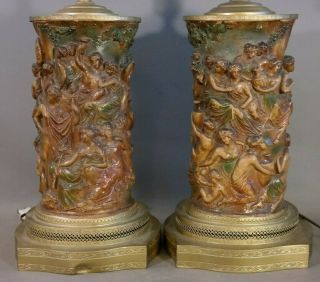 (2) Antique Greek Mythology Figural Palace Orgy Old Man Wine Lady Pottery Lamps