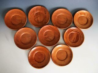 Japanese Wooden Tea Cup Tray 9set/ Rare Yaku - Cedar/ Good Wood Grain/ 8986