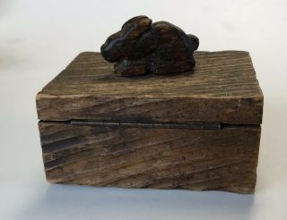 Antique Carved Wood Trinket Box Hinged Lid With Bunny Rabbit 1938 Primitive