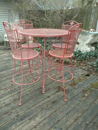 Vtg Mesh Wrought Iron Bistro Outdoor Bar Height Patio Dining Table Chairs Deck