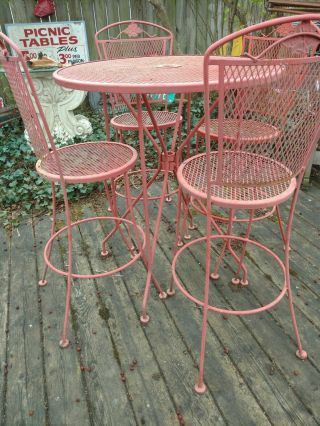 Vtg mesh Wrought Iron Bistro Outdoor Bar Height Patio Dining Table Chairs Deck 3