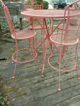 Vtg mesh Wrought Iron Bistro Outdoor Bar Height Patio Dining Table Chairs Deck 4