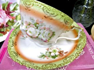 Austria Tea Cup And Saucer Pretty Blossom Pattern Teacup Lime Green Bands 1920 