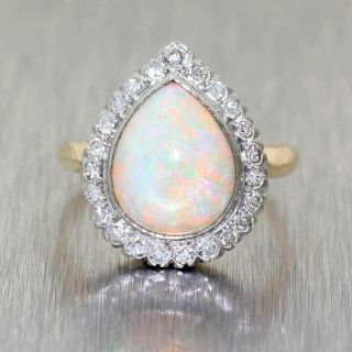 Antique Vintage Estate 14k Yellow Gold Pear Shape Fire Opal Diamond Cocktail Rin